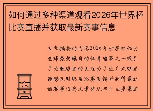 如何通过多种渠道观看2026年世界杯比赛直播并获取最新赛事信息